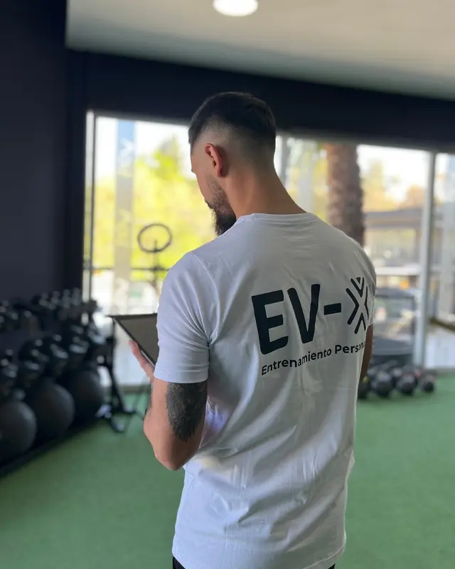 Federico Diedrichs, de espaldas con la remera de EV-X, revisa un plan en la tablet